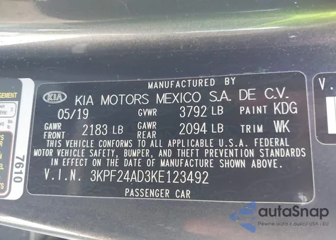 2019 Kia Forte Lxs из США, поврежденный, VIN 3KPF24AD3KE123492